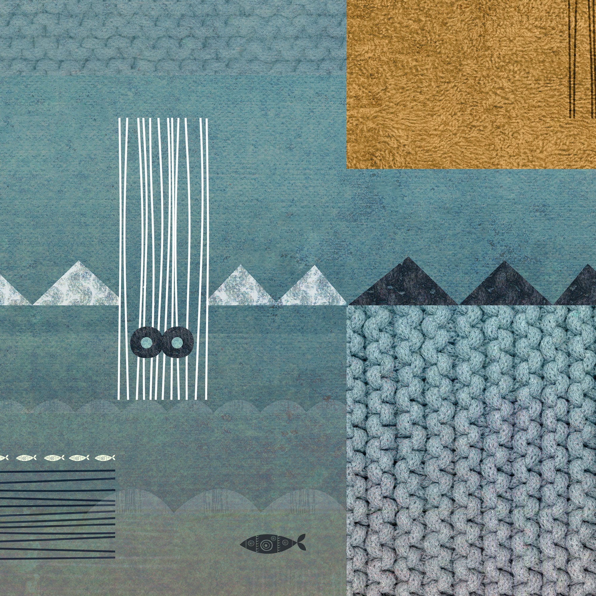 Artistic mural Wolves and Men by FREZO, designed in a dichromatic blue and yellow spectrum representing a wolf's vision of the mountains.