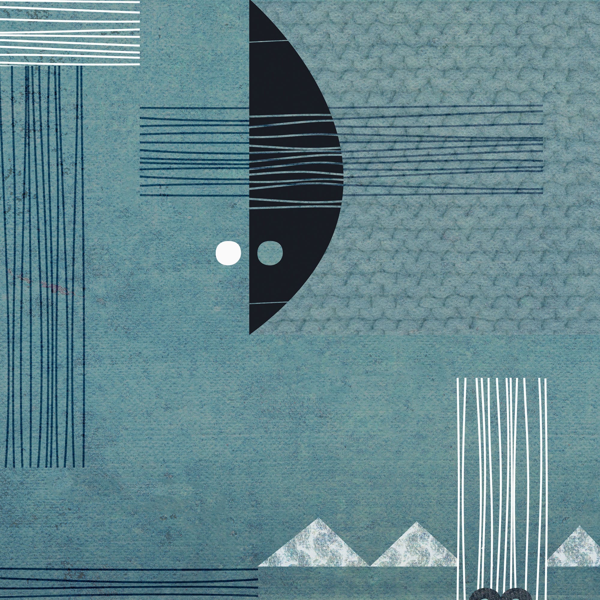 Artistic mural Wolves and Men by FREZO, designed in a dichromatic blue and yellow spectrum representing a wolf's vision of the mountains.