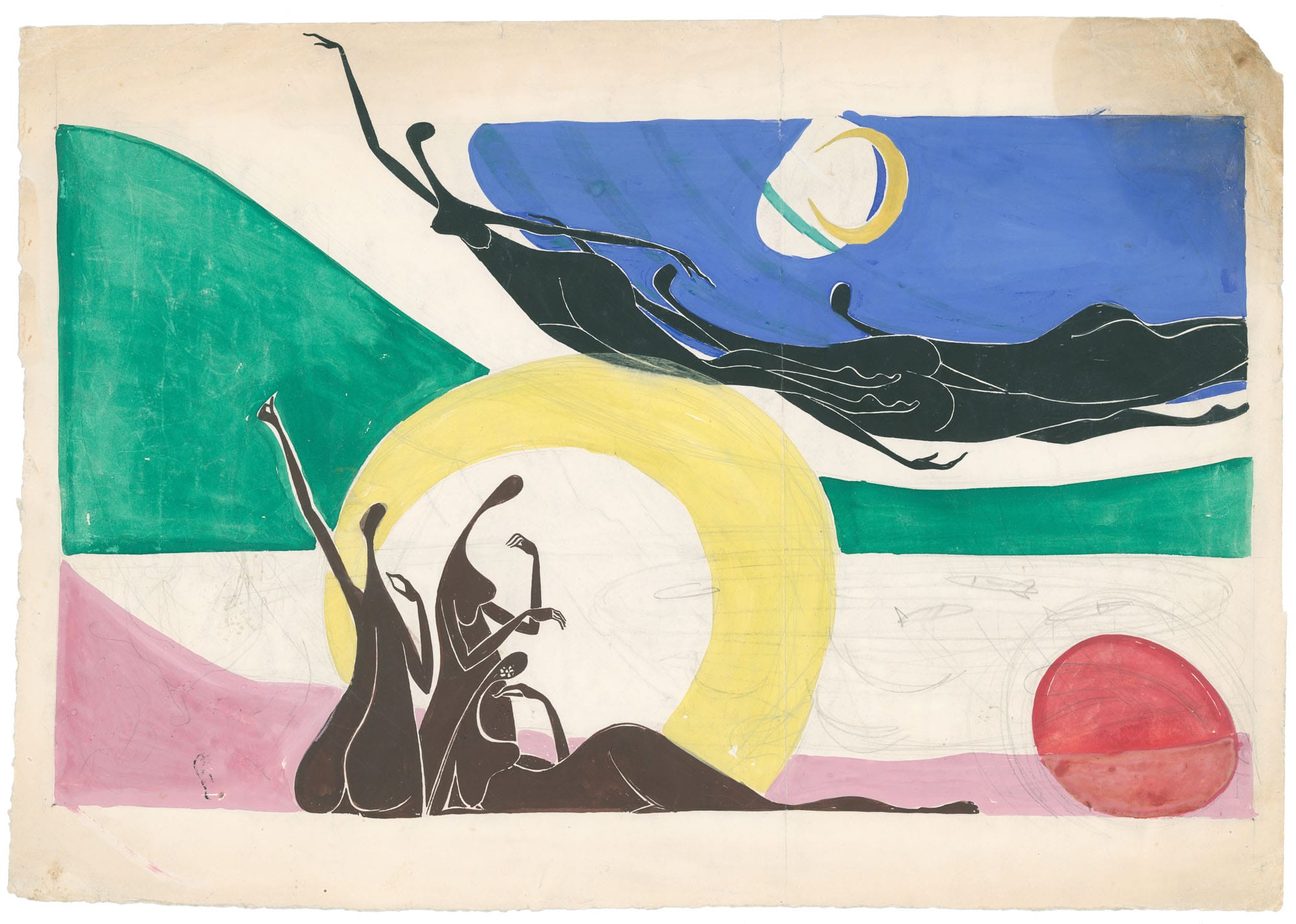 Original 1950s painting by Franciszek Michałek showing elegant female silhouettes, Miss and Nymphs collection.