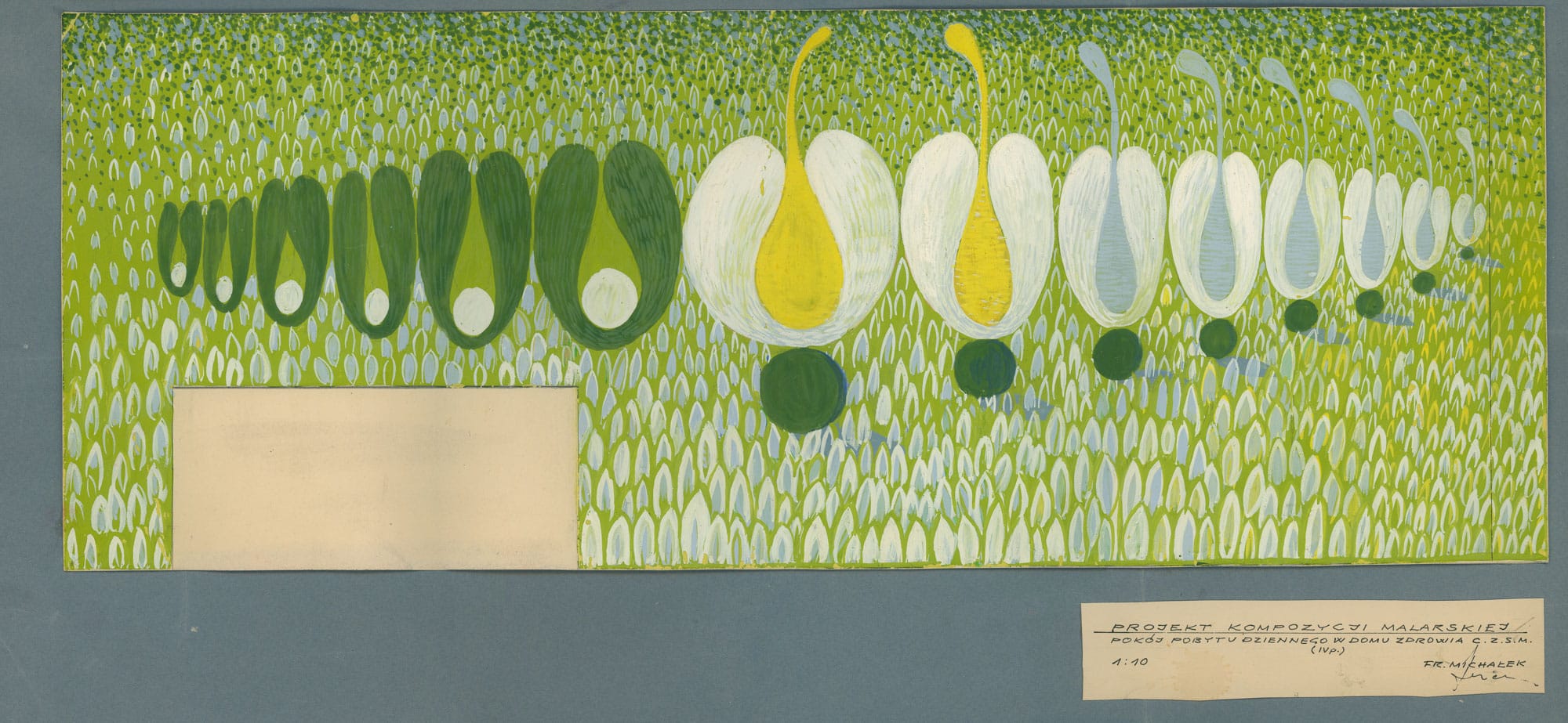 In the Circle art mural, botanical motif from a 1970s wall painting, green and lime-yellow hues, designed by Franciszek Michałek.
