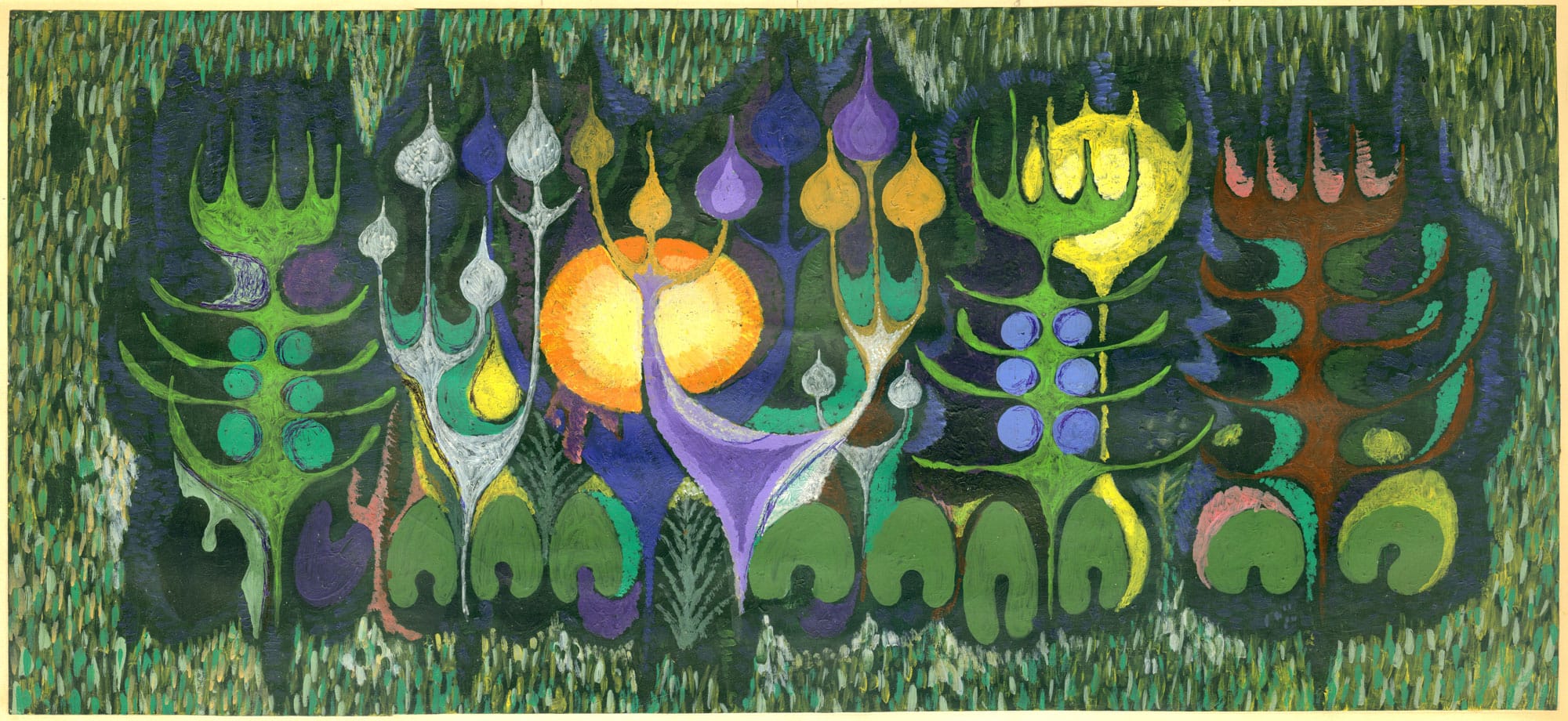 Original 1970s botanical mural project for Ciechocinek by Franciszek Michałek, Magical Forest collection inspiration.
