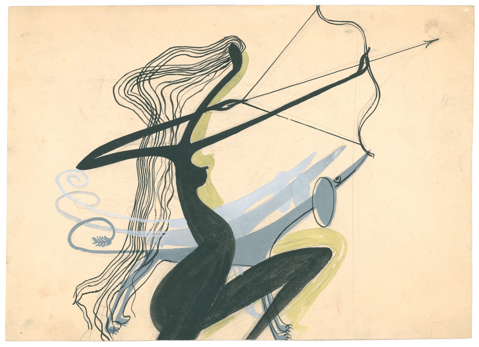 Original 1950s painting by Franciszek Michałek showing elegant female silhouettes, Miss and Nymphs collection.