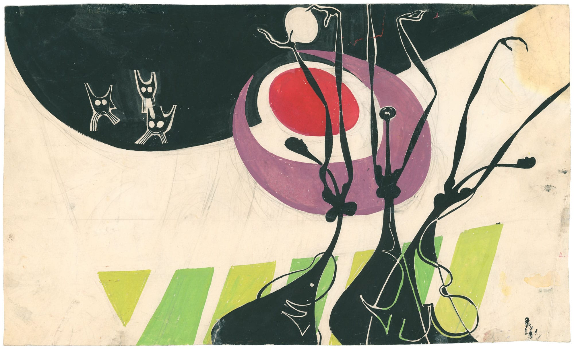 Original 1950s painting by Franciszek Michałek showing elegant female silhouettes, Miss and Nymphs collection.