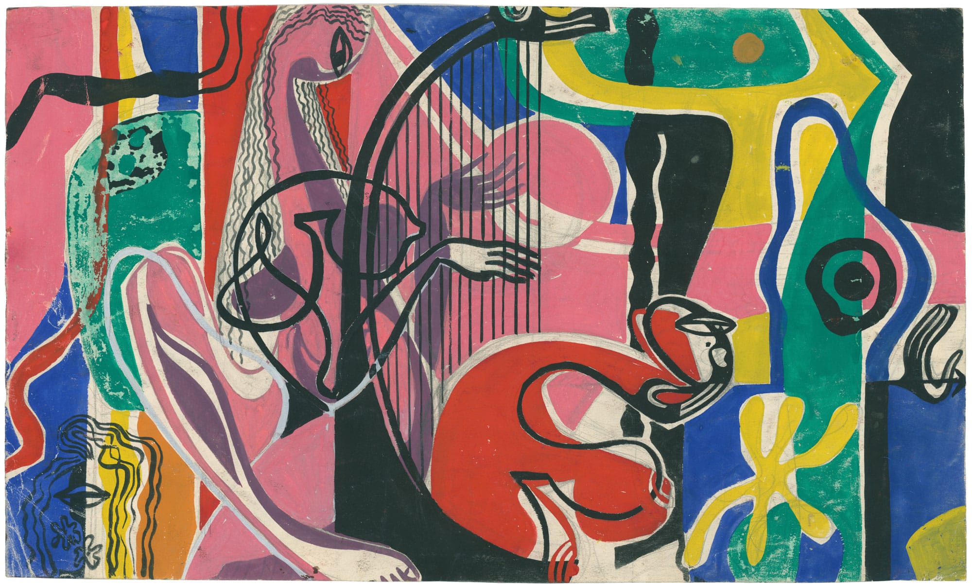 Original 1950s painting by Franciszek Michałek showing elegant female silhouettes, Miss and Nymphs collection.