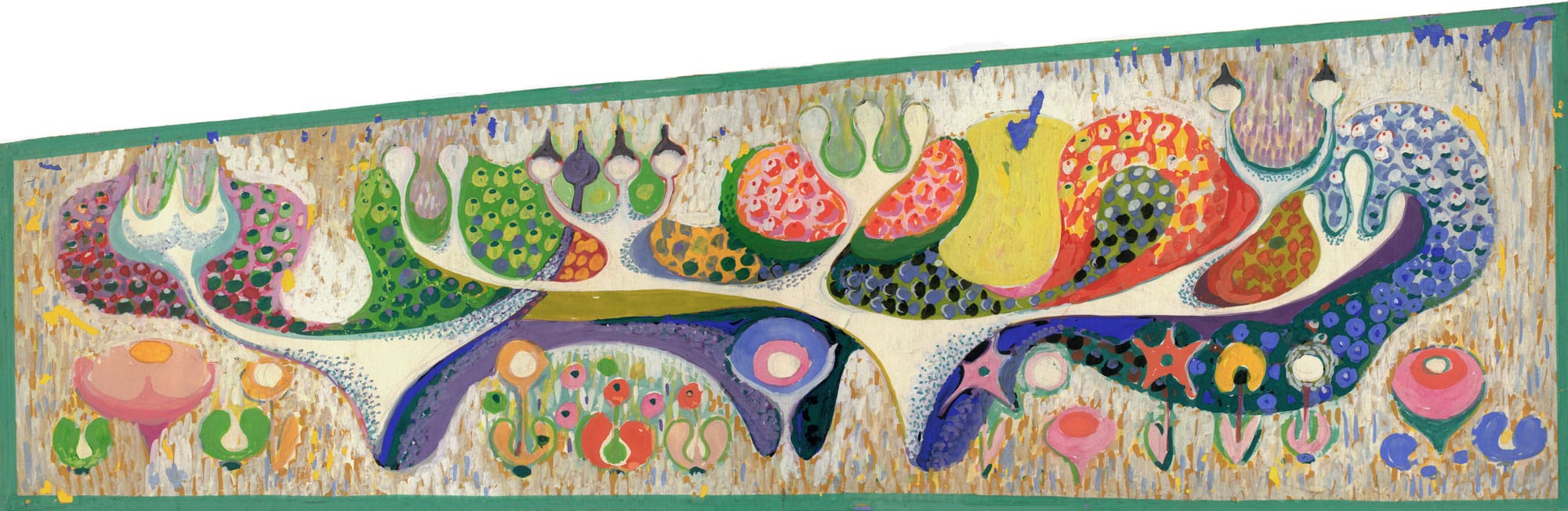 Original 1970s botanical mural project for Ciechocinek by Franciszek Michałek, Magical Forest collection inspiration.