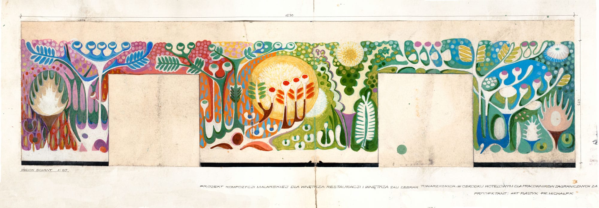 Archival 1970s painting by Franciszek Michałek, original mid-century mural design for public spaces.