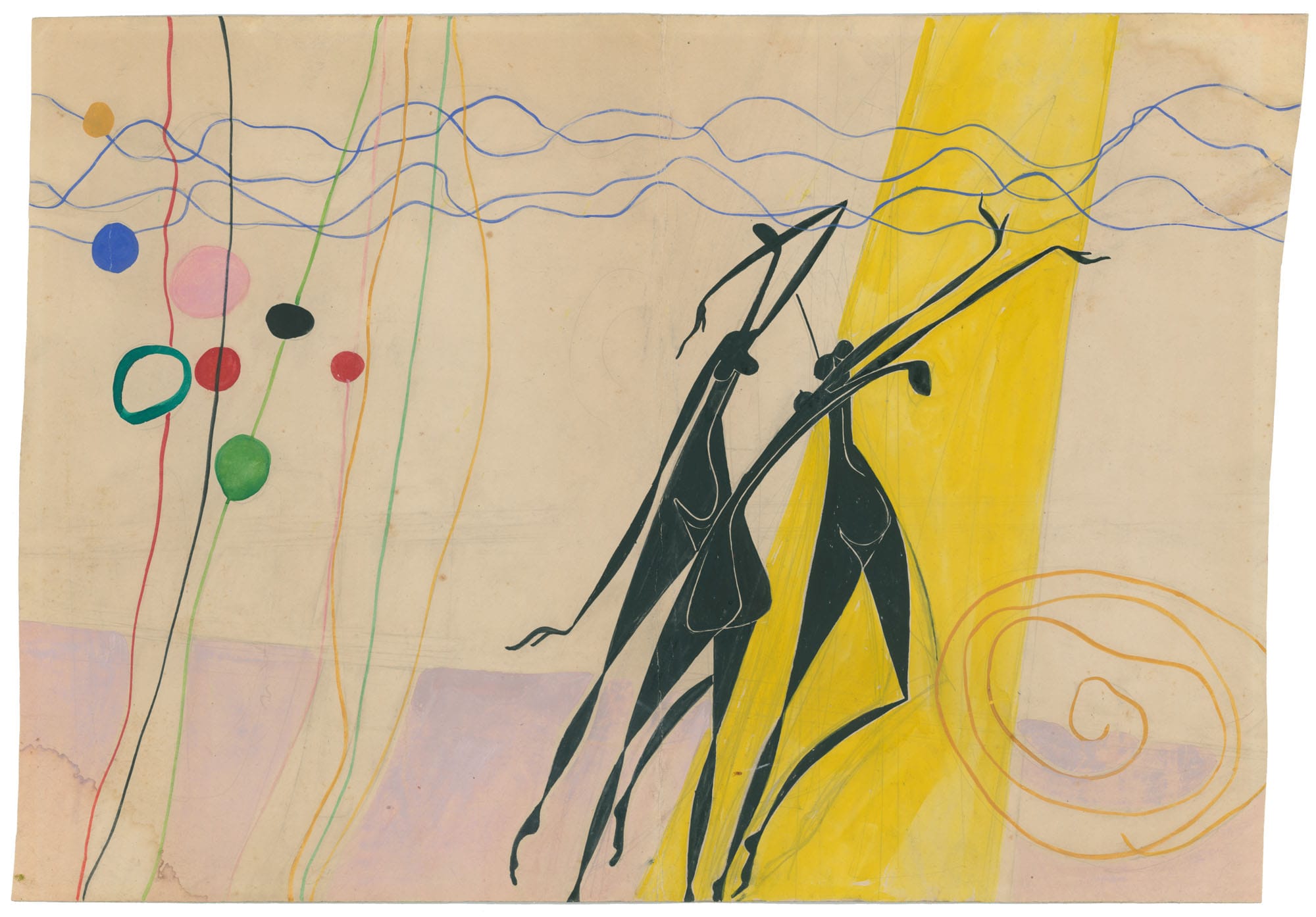 Original 1950s painting by Franciszek Michałek showing elegant female silhouettes, Miss and Nymphs collection.