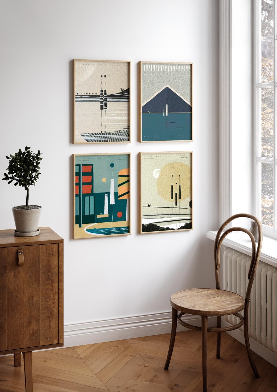 Vintage-style art poster by FREZO featuring a mid-century modern design