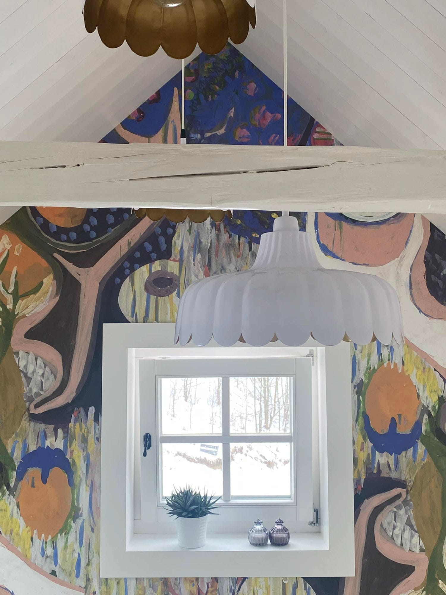 Modern rustic interior design at Chata Patykowo. FREZO artistic wallpapers blend seamlessly with the wooden architectural elements and the surrounding mountain scenery.