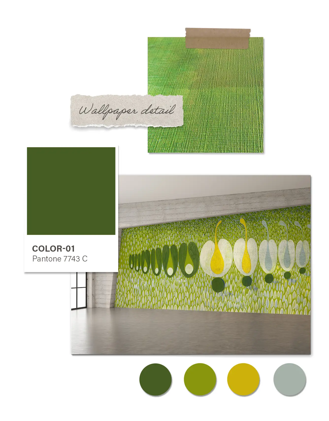 Magical Forest collection moodboard – colorful botanical wallpaper patterns inspired by 1970s Polish sanatorium interior design.