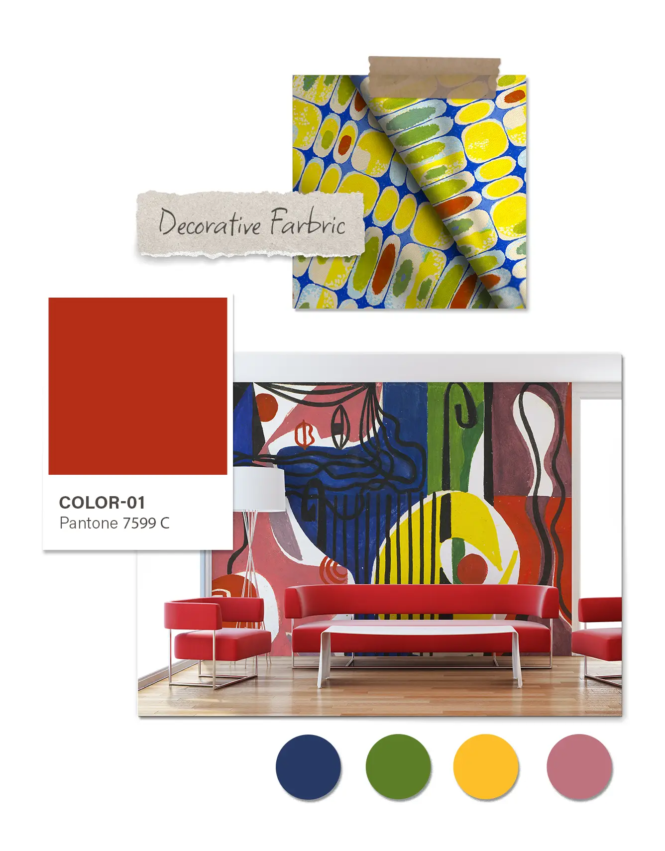 Magical Forest collection moodboard – colorful botanical wallpaper patterns inspired by 1970s Polish sanatorium interior design.